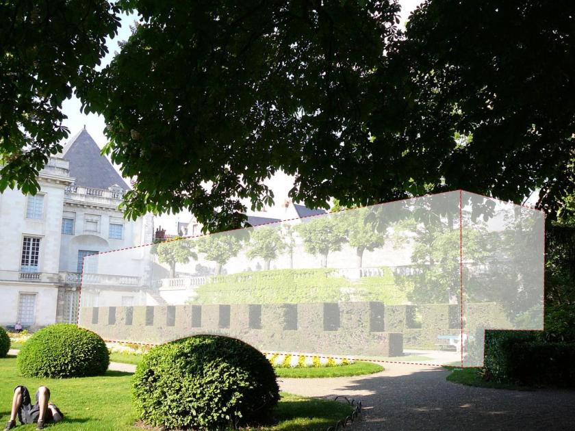 Simulation de la volumétrie du futur projet contre le terrasse du jardin